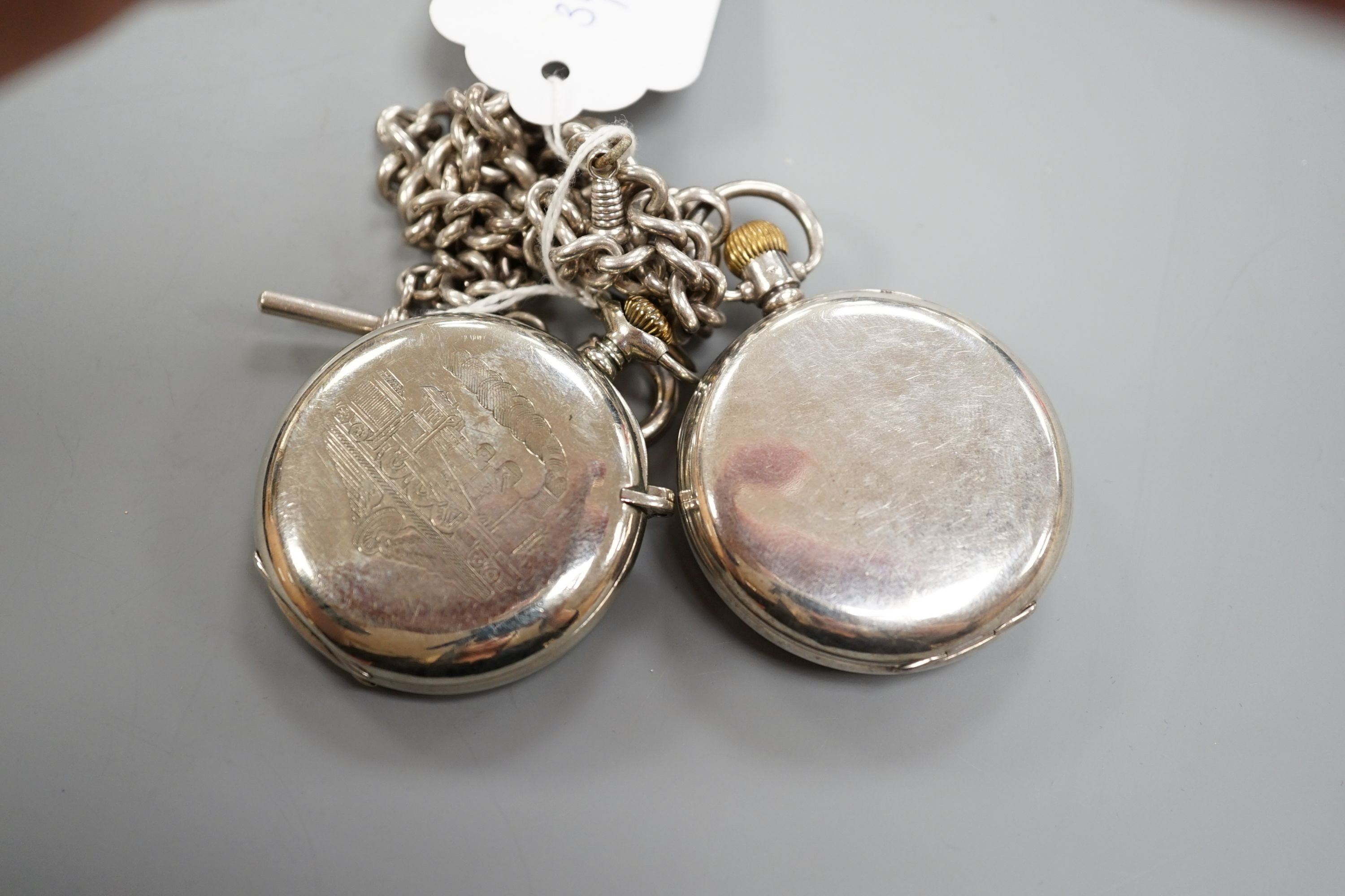 A 1930's silver open face pocket watch by Kendal & Dent and a chrome cased Longines pocket watch, both with alberts, one hallmarked silver.